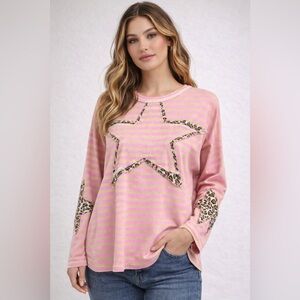BlueVelvet Pink Leopard Star Patch Pattern Long sleeve Small Oversize